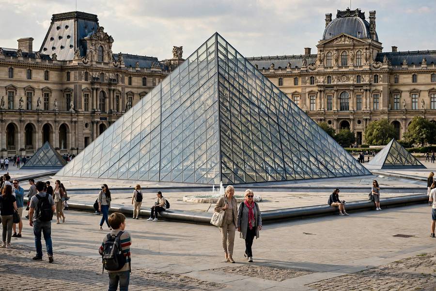 Louvre pyramid courtyard with visitors afternoon