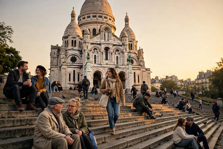 Sacre Coeur basilica steps at golden hour Montmartre
