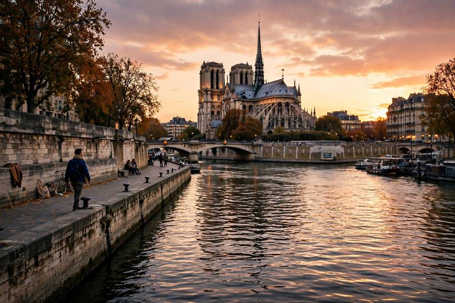 Seine river with Notre Dame at sunset Paris