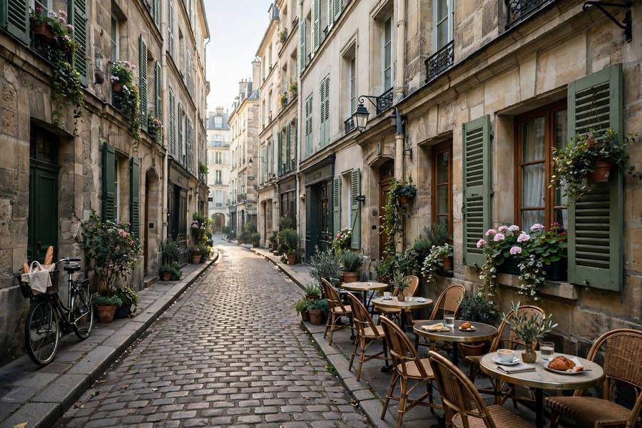 A quiet morning street in Le Marais, Paris — day two of a 3 days in Paris itinerary explores these neighborhoods