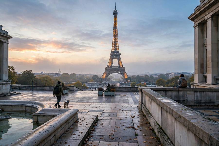 Eiffel Tower at sunrise viewed from Trocadero with first morning light