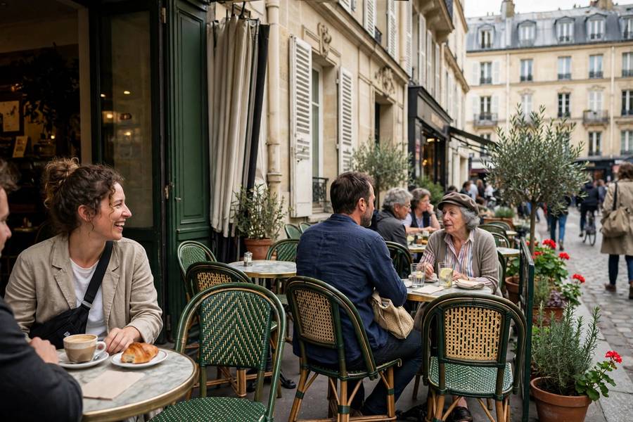 Cafe terrace in Saint-Germain-des-Pres with classic Parisian chairs