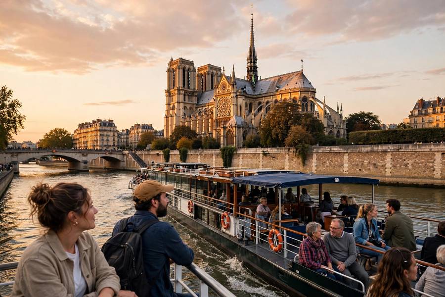 Seine river cruise boat passing Notre Dame at golden hour