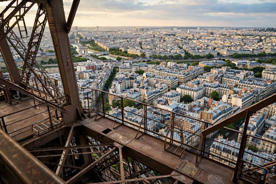 Eiffel Tower summit view with Paris rooftops