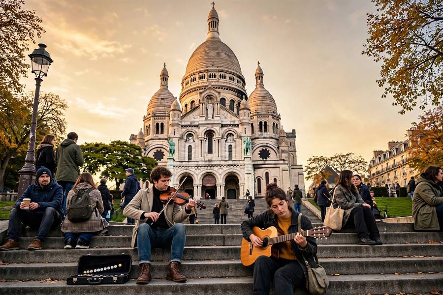 Montmartre Sacre Coeur at golden hour with buskers