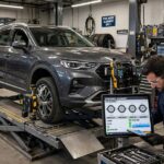 Four wheel alignment with sensors on all wheels during 4 wheel vs 2 wheel alignment service