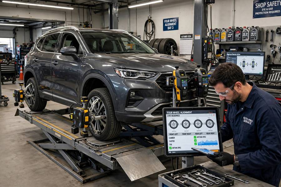 Four wheel alignment with sensors on all wheels during 4 wheel vs 2 wheel alignment service