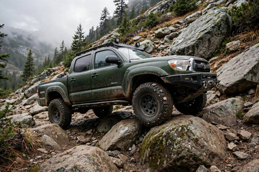 Truck in 4WD Low crawling over rocks on a steep off-road trail