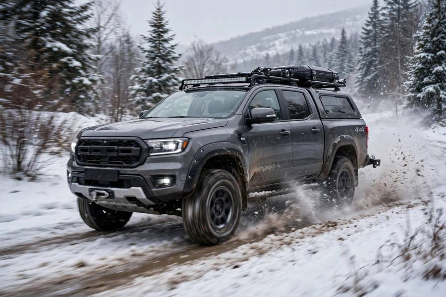 Pickup in 4WD High driving on a snowy dirt road