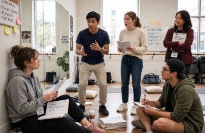Beginner actors practicing a scene exercise in an acting class