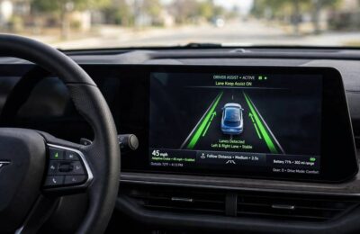 ADAS lane assistance display showing lane markings on a car dashboard