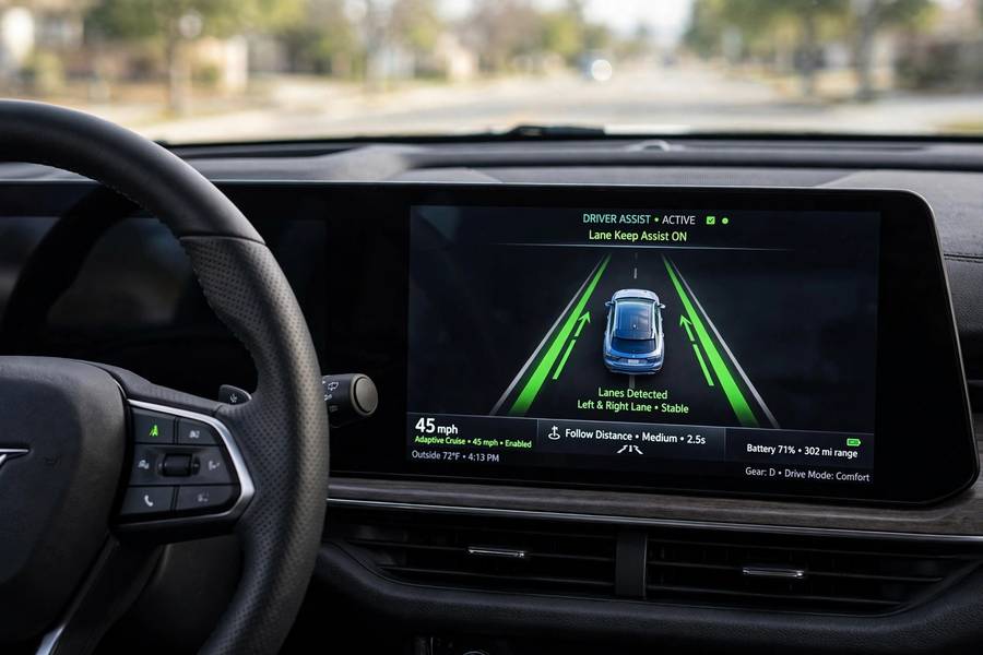 ADAS lane assistance display showing lane markings on a car dashboard