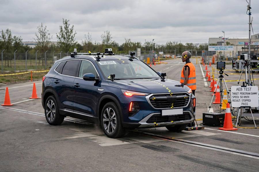 Automatic emergency braking, a common ADAS safety feature, in action on a test track