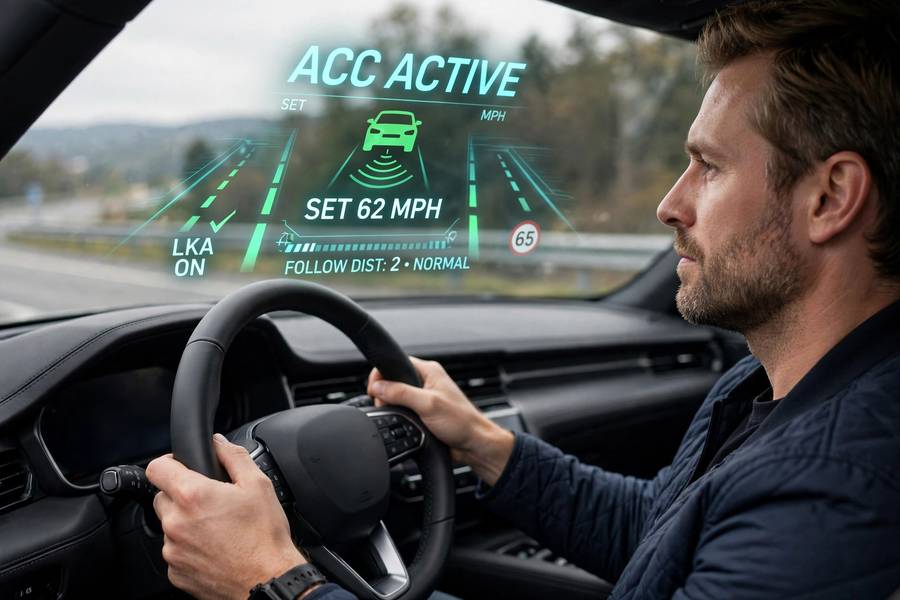 Driver using ADAS adaptive cruise control with hands on the steering wheel
