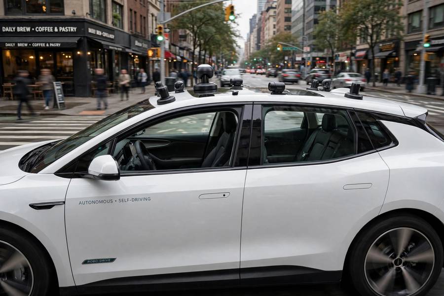 Fully autonomous car with an empty driver seat representing autonomous driving