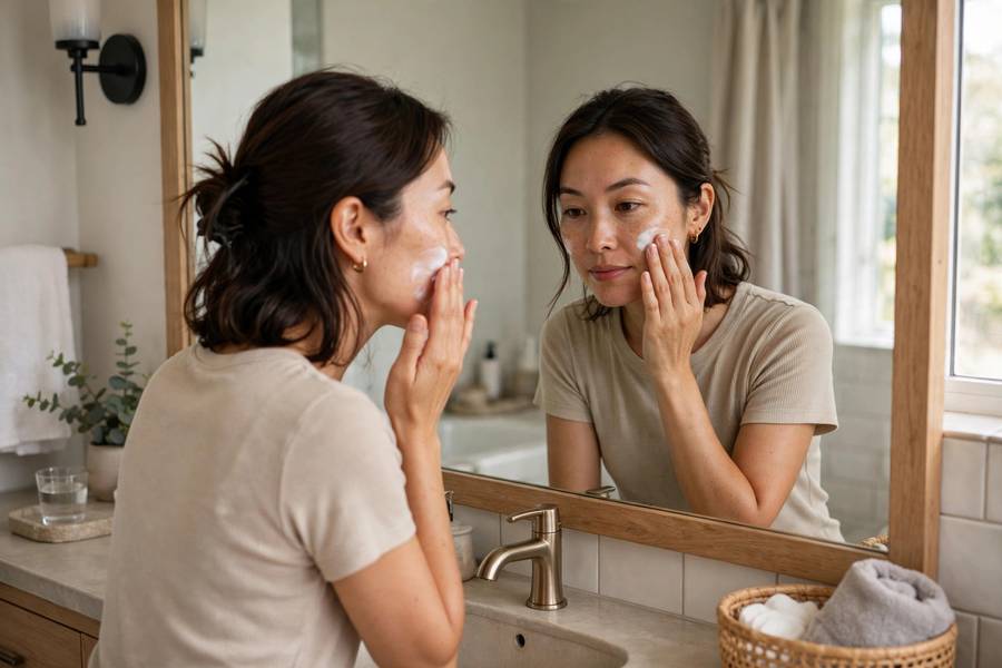 Woman applying gentle cream cleanser to face in bathroom mirror, realistic home bathroom, natural lighting, photorealistic