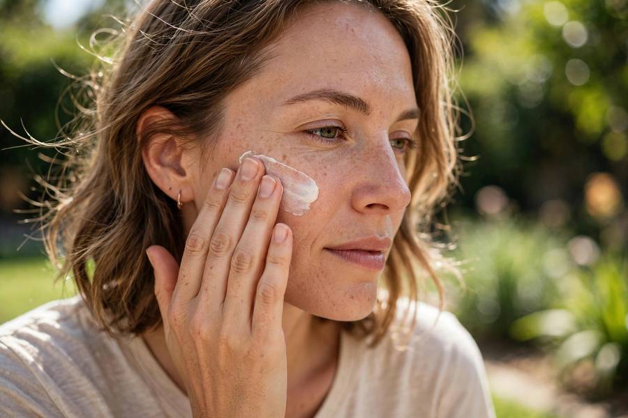 Person applying sunscreen lotion to face outdoors, sunny day, realistic lifestyle photography, no text or logos
