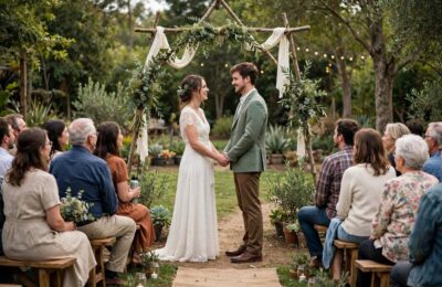 Beautiful affordable outdoor wedding ceremony with simple floral arch