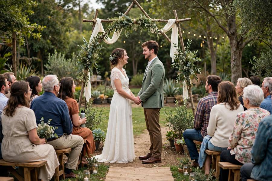Beautiful affordable outdoor wedding ceremony with simple floral arch