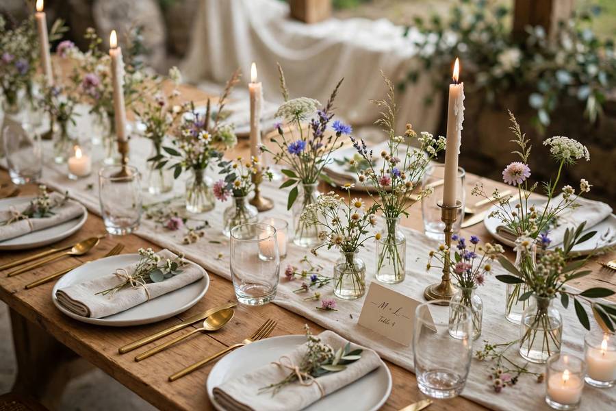 Elegant budget wedding reception table with candles and wildflowers