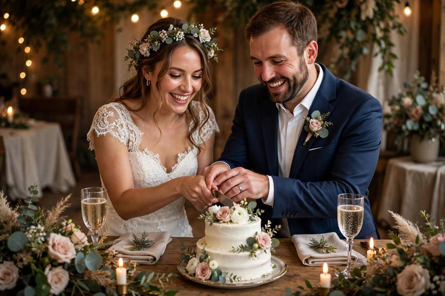 Happy couple cutting a small wedding cake at intimate reception