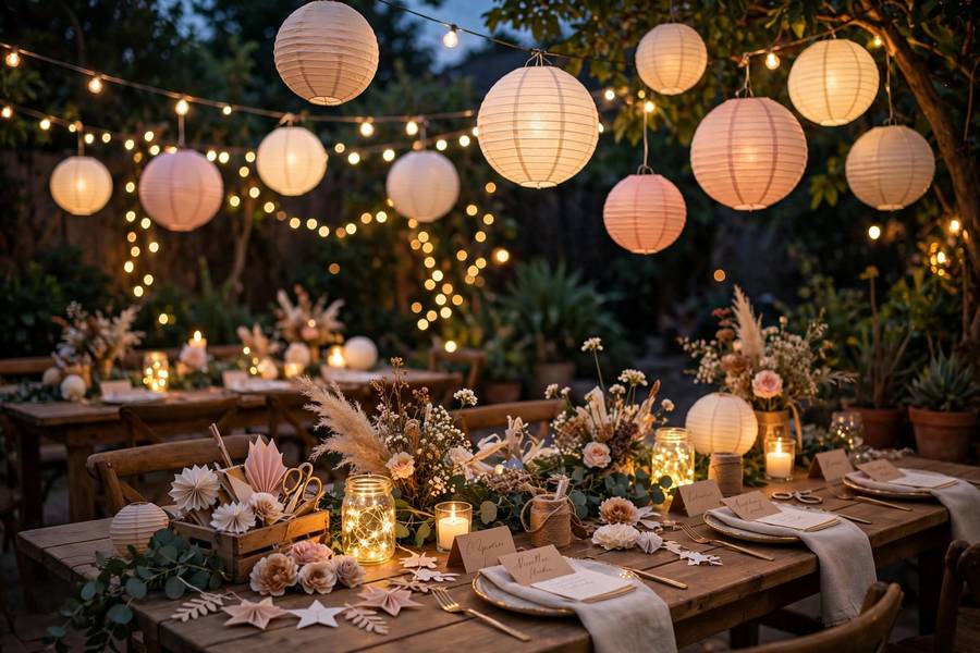 DIY wedding decorations with fairy lights at evening reception
