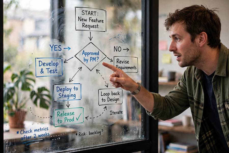 Flowchart showing agent orchestration patterns with branching decision paths