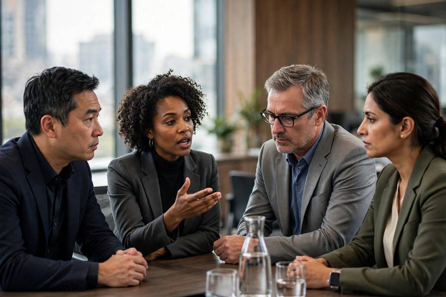 Executives discussing AI accountability in a boardroom