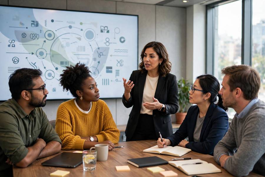 Team reviewing an AI accountability framework in a meeting
