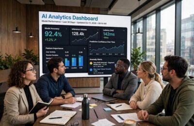 Business team discussing AI adoption challenges for businesses around a conference table
