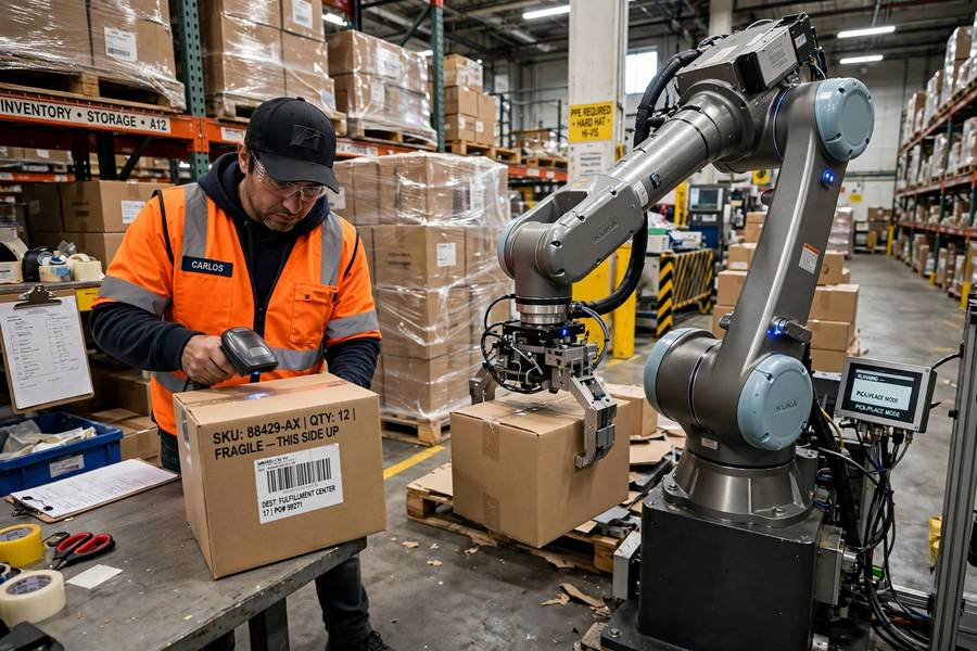 Human worker and robot working together after overcoming AI adoption challenges for businesses