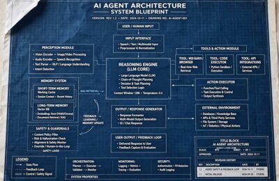 Blueprint showing AI agent architecture components