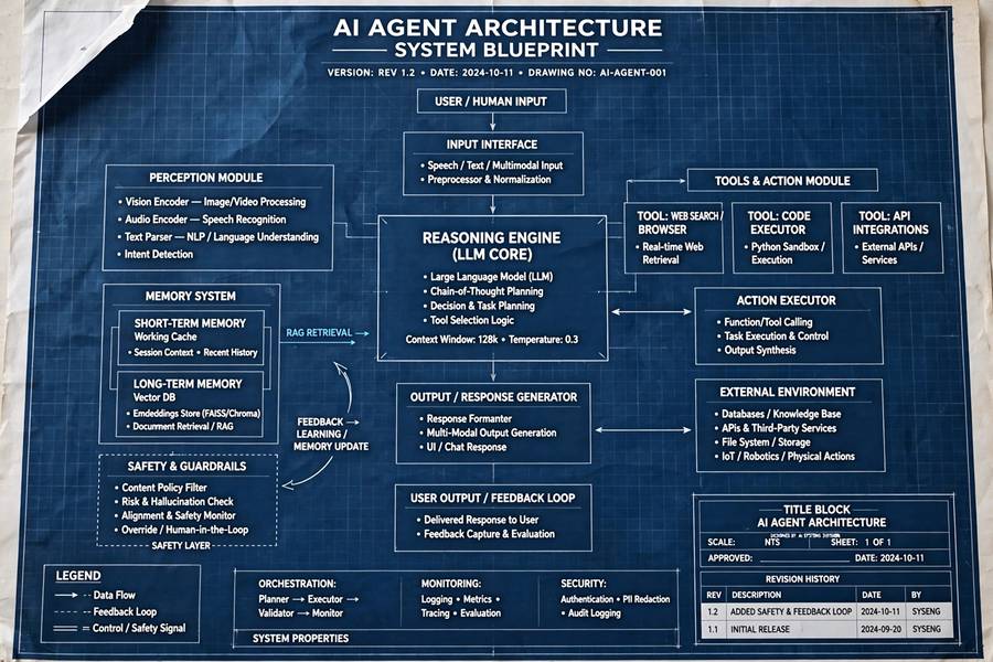 Blueprint showing AI agent architecture components