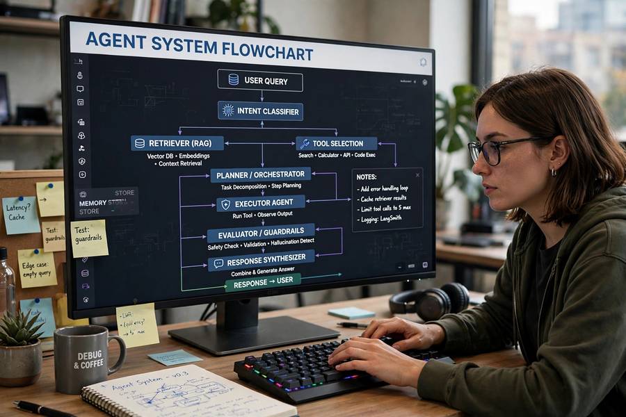 Developer designing AI agent architecture flowchart