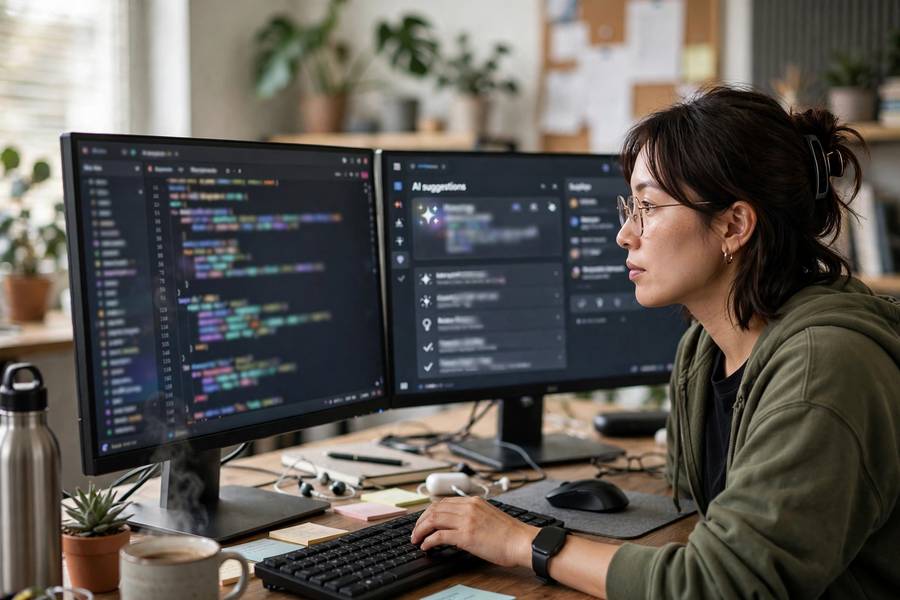 A developer using an AI coding agent with visible code suggestions