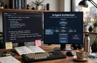 Developer building an AI agent framework with architecture diagrams on screen