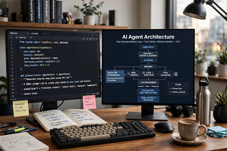 Developer building an AI agent framework with architecture diagrams on screen