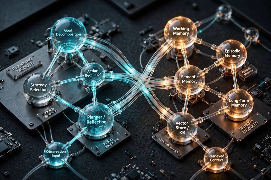 Abstract visualization of AI agent framework components: planning, memory, and tools
