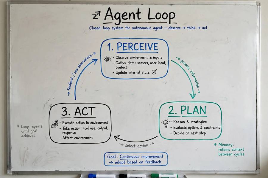 Whiteboard flowchart of the AI agent framework loop: perceive, plan, act