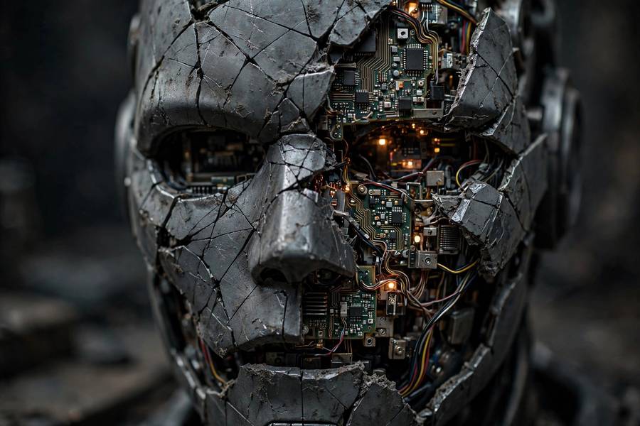 Cracked facade revealing AI agent limitations underneath