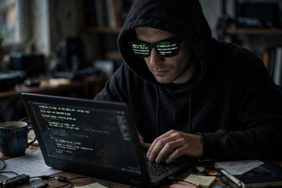 Attacker attempting prompt injection against an AI agent through a laptop