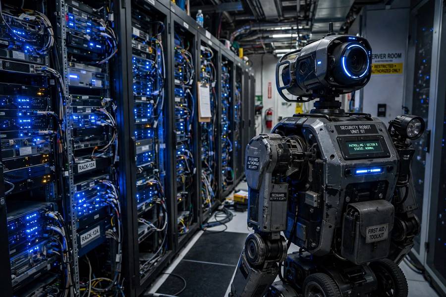Security monitoring protecting AI agent systems in a server room