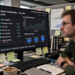 Engineer reviewing AI agent testing results and evaluation charts