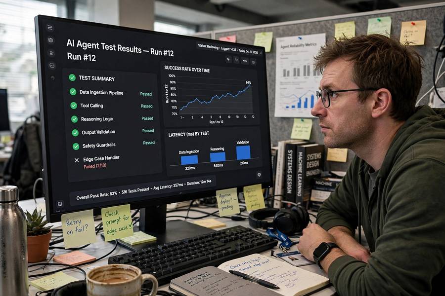 Engineer reviewing AI agent testing results and evaluation charts