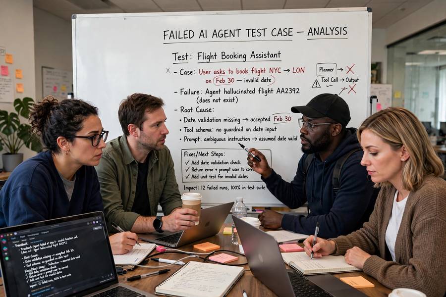 Team analyzing a failed AI agent test case during evaluation