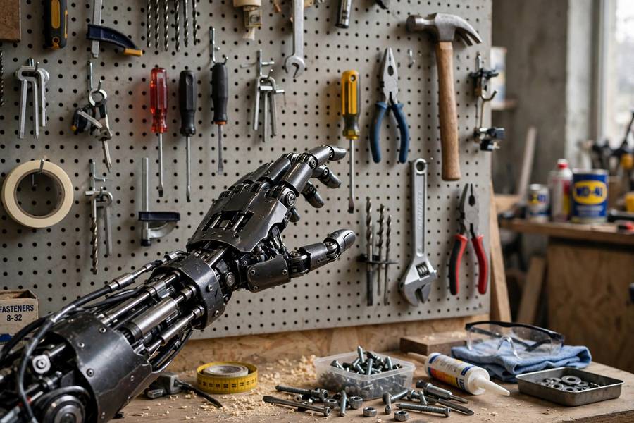 AI agent selecting tools from a workshop wall