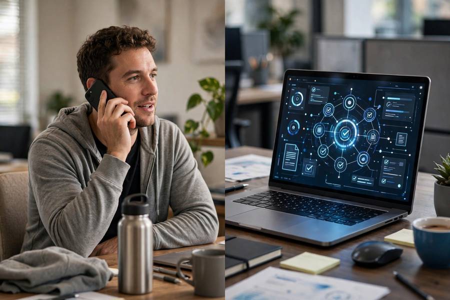 Side-by-side comparison of an AI assistant chat and an autonomous AI agent working