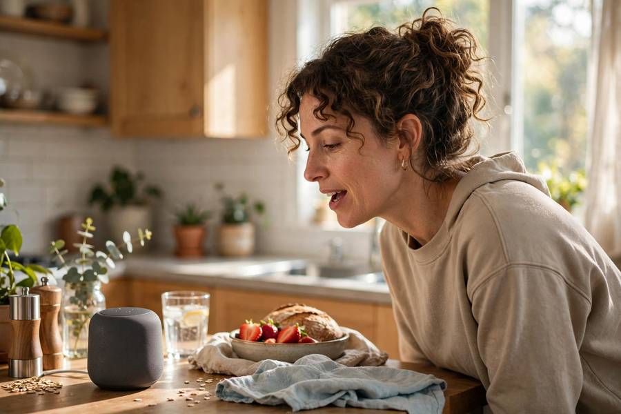 A person using a voice AI assistant in the kitchen