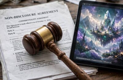Gavel and legal documents representing AI art copyright rules for AI-generated images