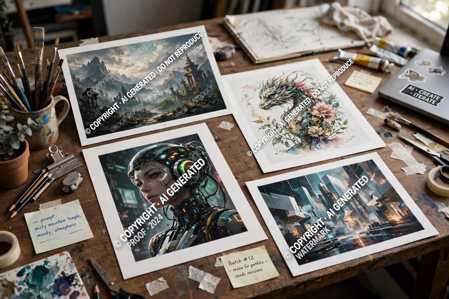 Printed AI artwork with copyright symbols illustrating AI art copyright rules